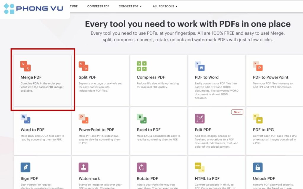 Truy cập iLovePDF.com và chọn “Merge PDF” (Ghép PDF).