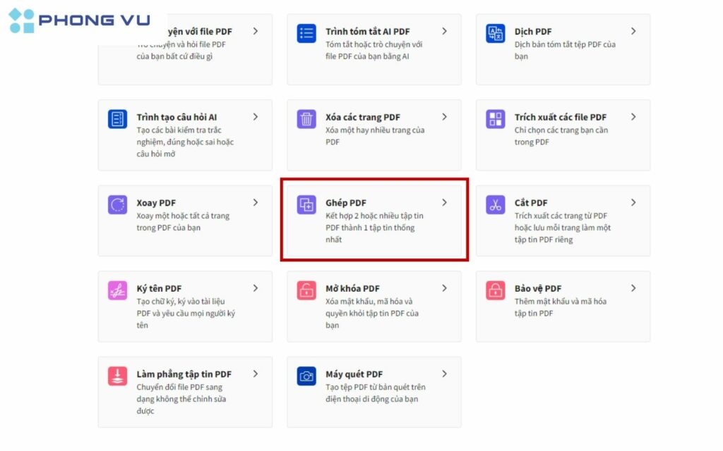 Truy cập SmallPDF.com và chọn “Ghép PDF”