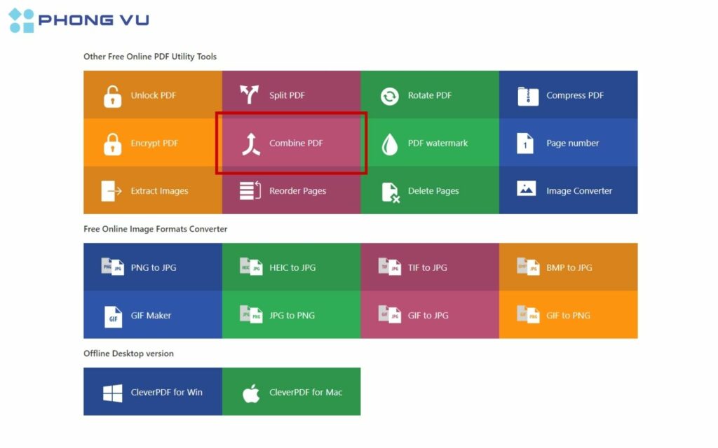 Truy cập Cleverpdf.com và chọn “Combine PDF”.