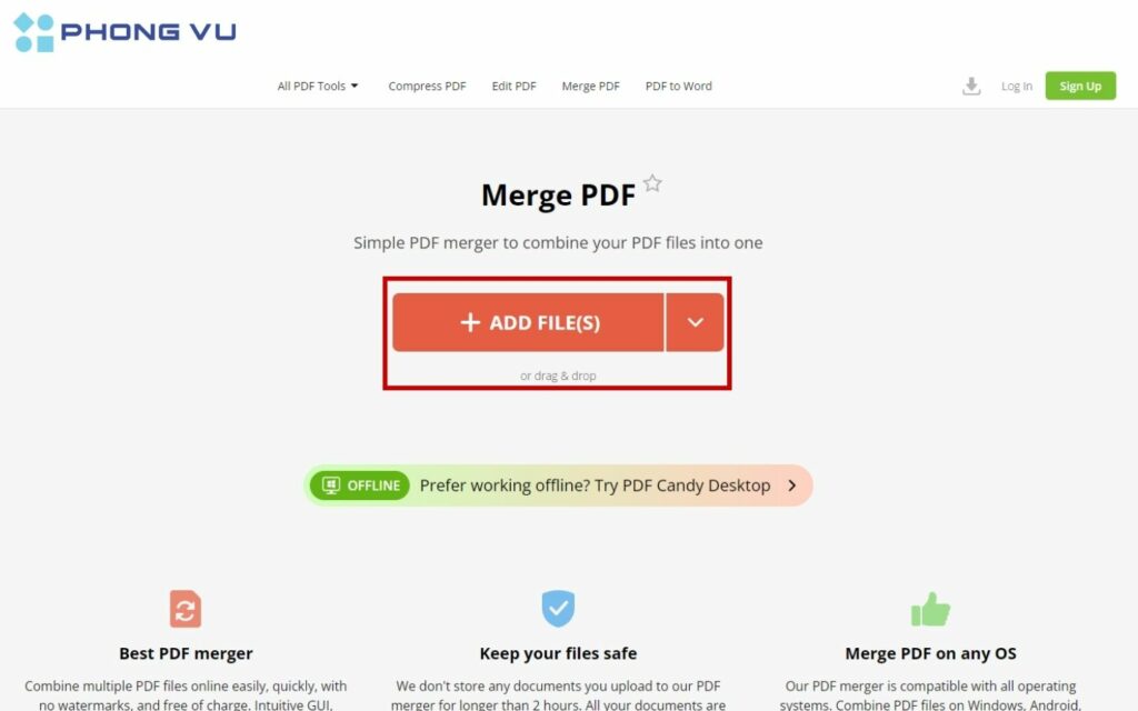 Tải file PDF lên bằng cách kéo thả hoặc nhấp “Add Files”.