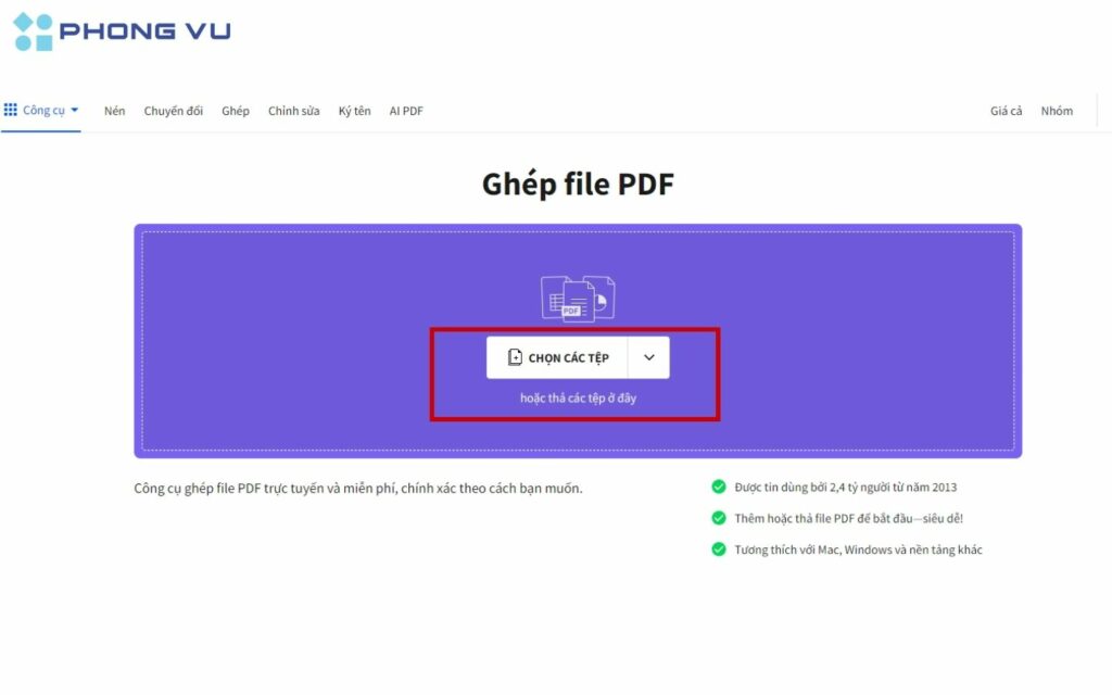 Tải file lên bằng cách kéo thả hoặc chọn file từ máy tính