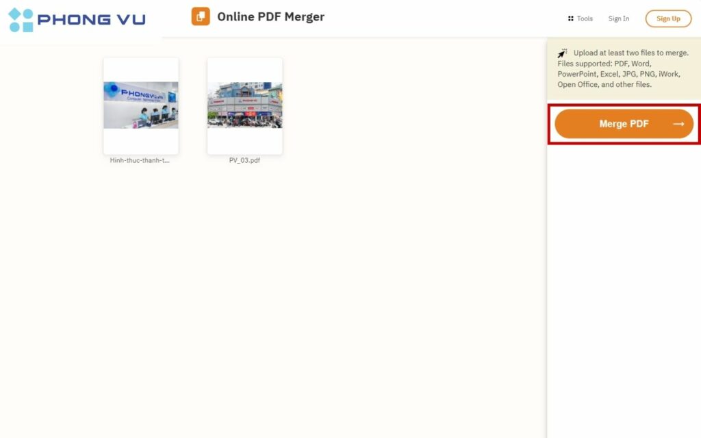  Sắp xếp thứ tự các file và nhấp “Merge PDF”.