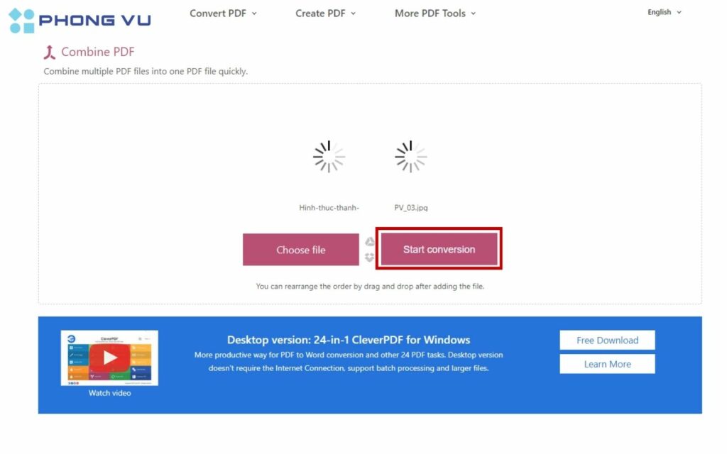  Tải file PDF cần ghép lên và sắp xếp thứ tự.