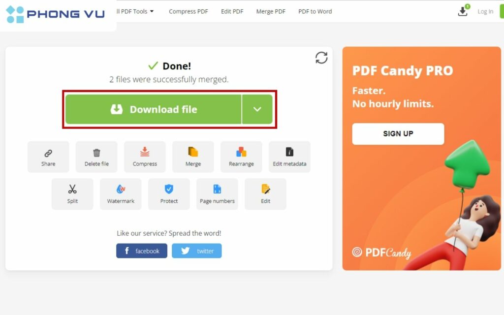 Tải file PDF đã ghép xuống máy.