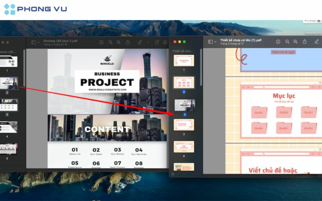 Kéo trang từ file nguồn sang file đích hoặc file mới. Kéo thả để chỉnh thứ tự trang theo ý muốn.