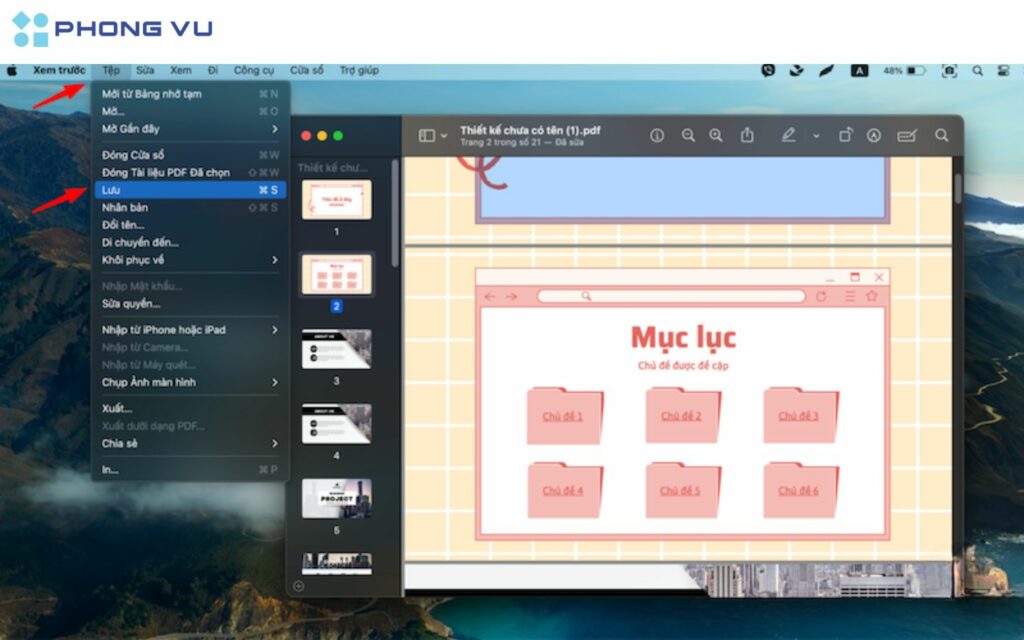 Nhấp chọn Tệp. Sau đó chọn Lưu, đặt tên và chọn vị trí lưu.