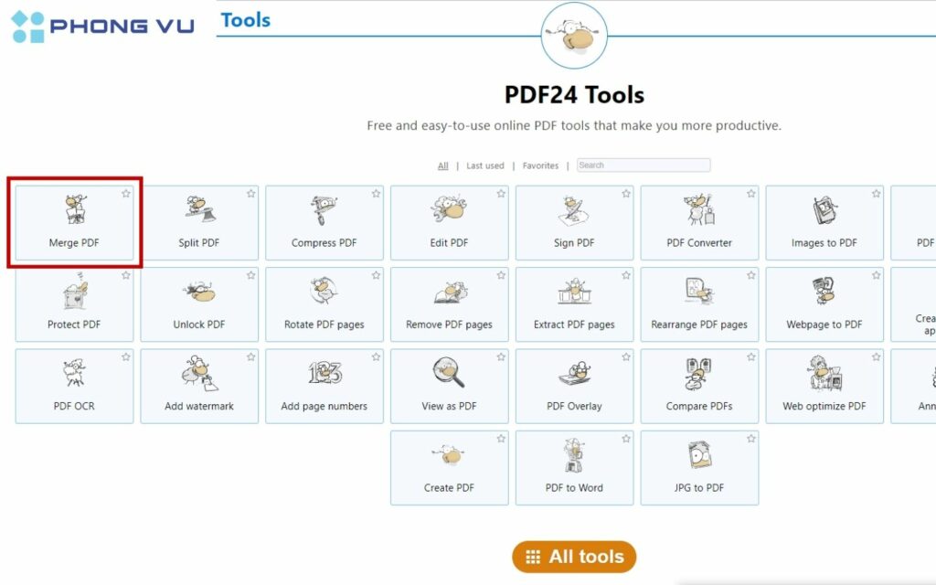 Truy cập PDF24 Tools và chọn công cụ “Merge PDF”