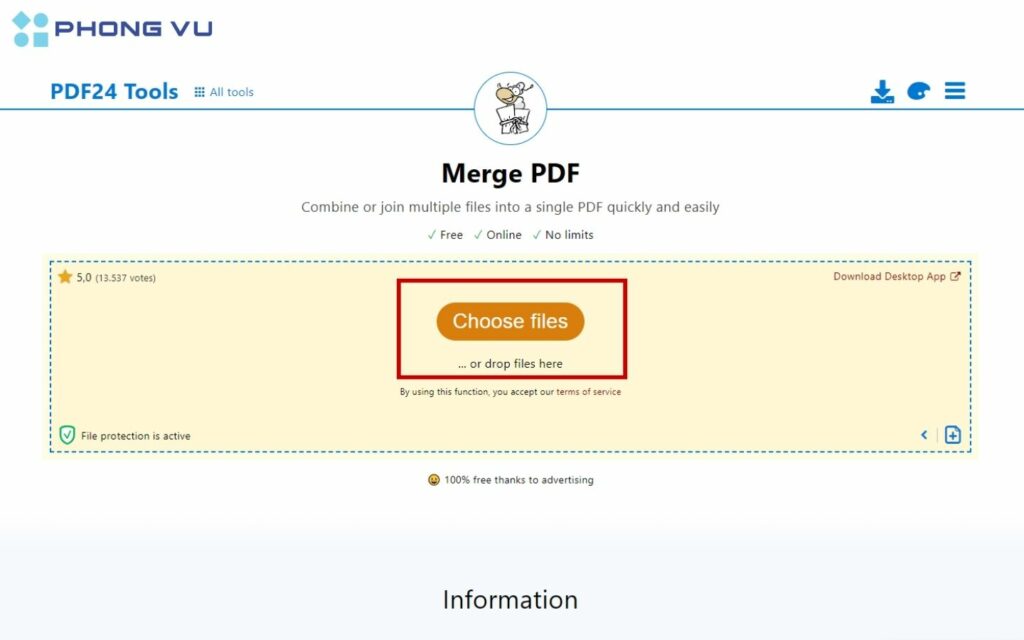 Tải file lên bằng cách kéo thả hoặc chọn file từ máy tính. 