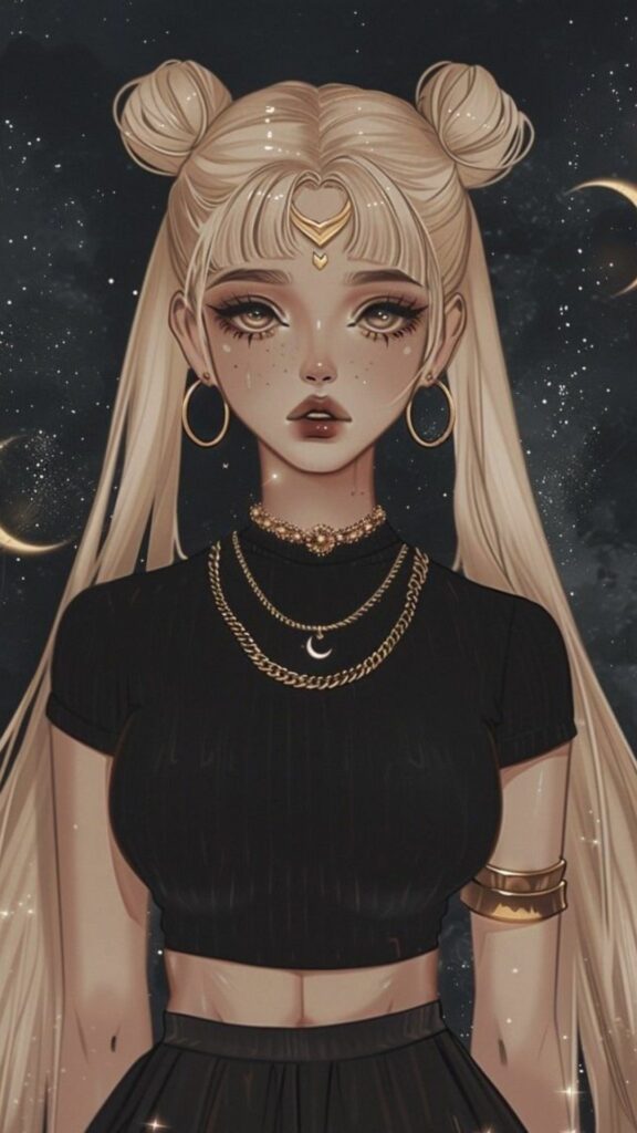 Hình nền cô gái tóc đen với vòng trăng đỏ.