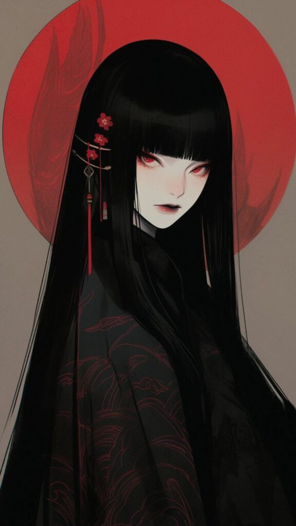 Hình nền cô gái tóc đen với vòng trăng đỏ.
