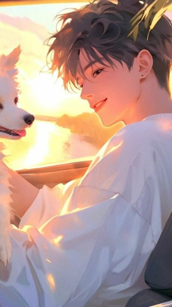 Hình nền chàng trai bên chú chó cười rạng rỡ.