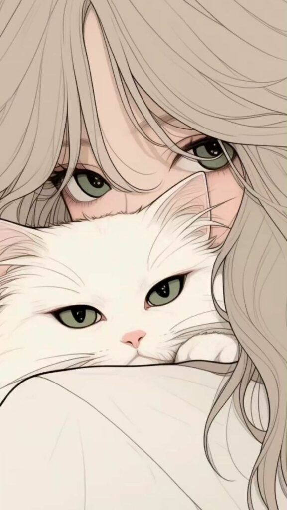 Hình nền cô gái ôm mèo trắng.