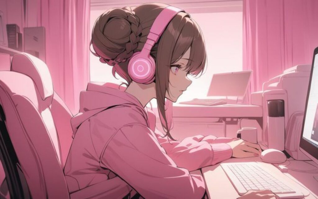 Hình nền cô gái đeo tai nghe hồng chăm chú ngồi máy tính.