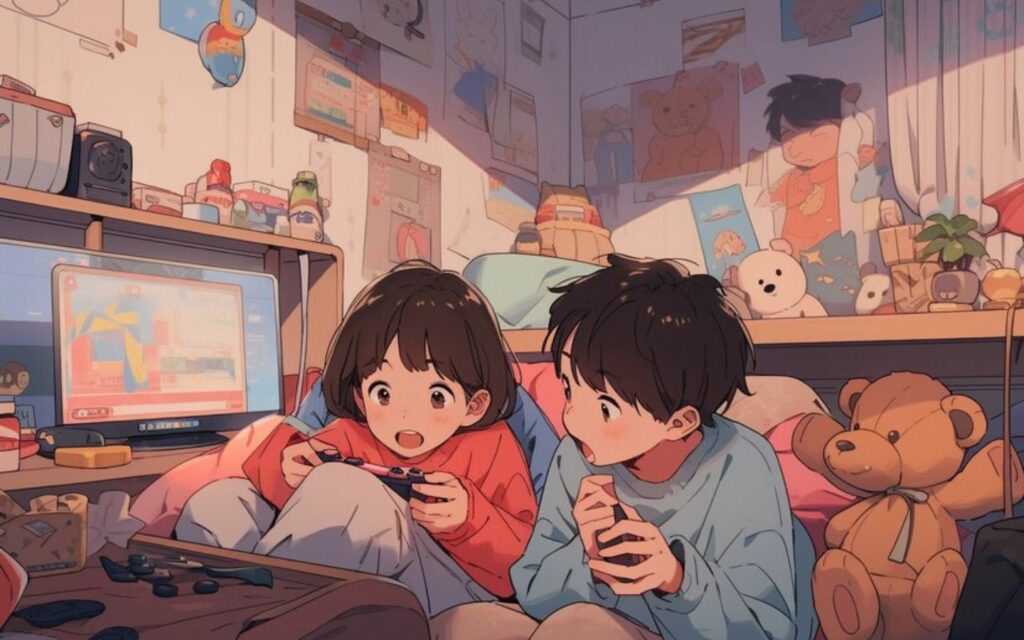 Hình nền hai bạn nhỏ chơi game trong phòng ngập đồ chơi, siêu đáng yêu.