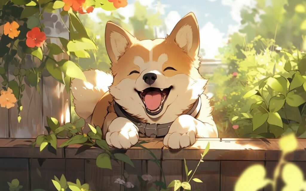 Hình nền chú chó Corgi nở nụ cười tươi rói giữa khu vườn đầy hoa.