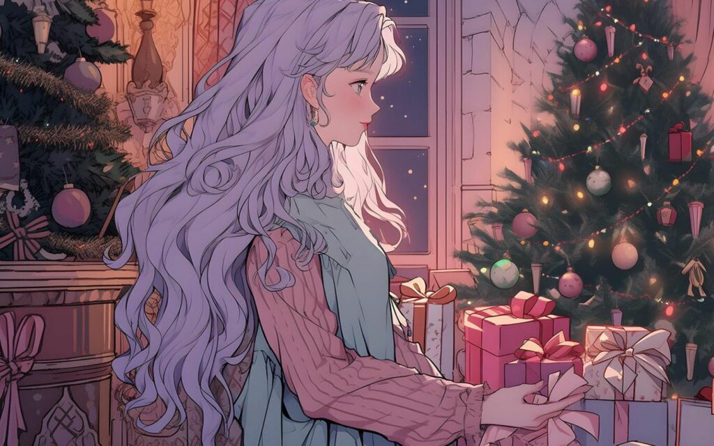 Hình nền cô gái tai mèo ánh mắt xanh biếc giữa phố xá rực rỡ.