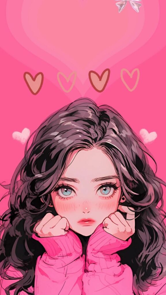 Hình nền cô gái tóc xoăn mặc áo hồng dễ thương