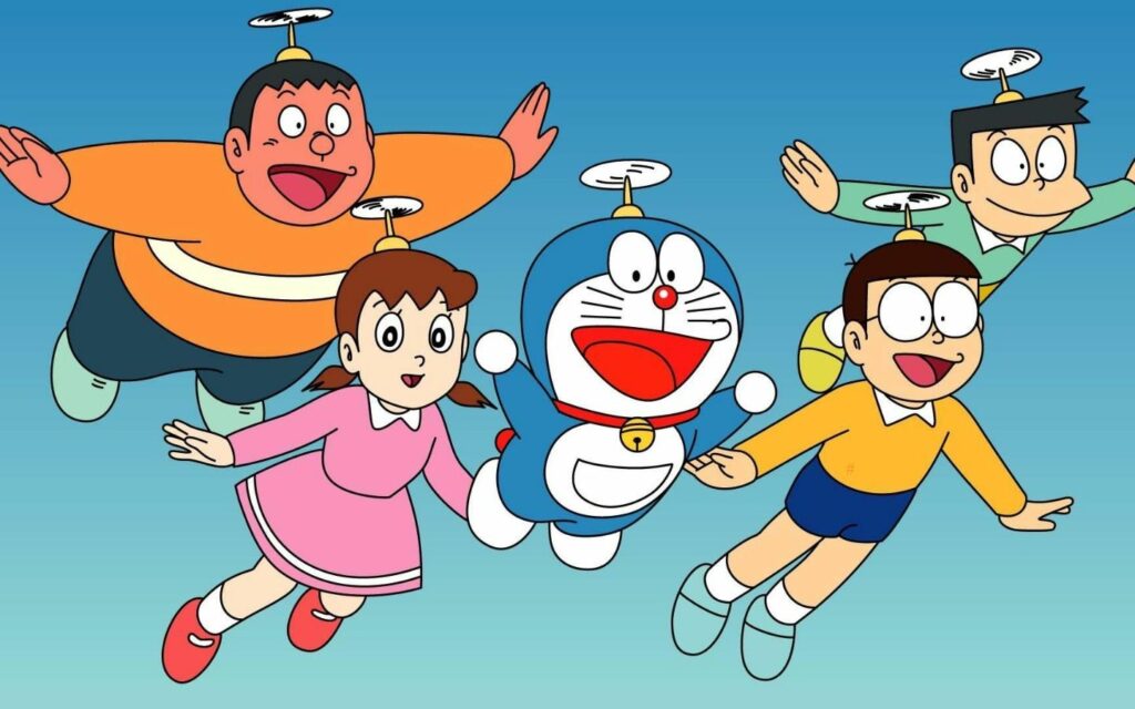 Hình nền cả nhóm Doraemon bay trên trời với chong chóng tre