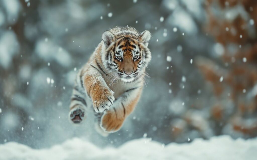 Hình nền hổ con tung tăng chạy giữa tuyết trắng.