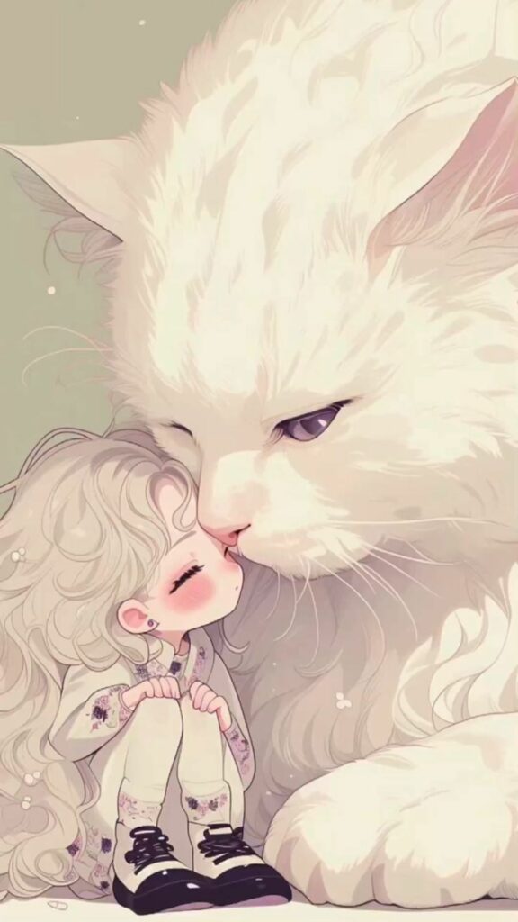 Hình nền mèo trắng bên cô bé