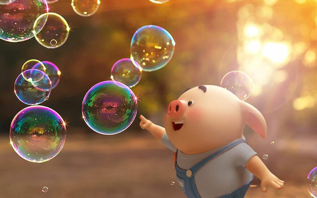 Hình nền chú heo con mặc áo xanh đang chơi bong bóng lung linh.