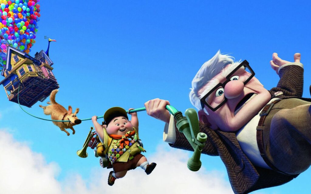 Hình nền phim hoạt hình Up với ngôi nhà bay bằng bóng bay.