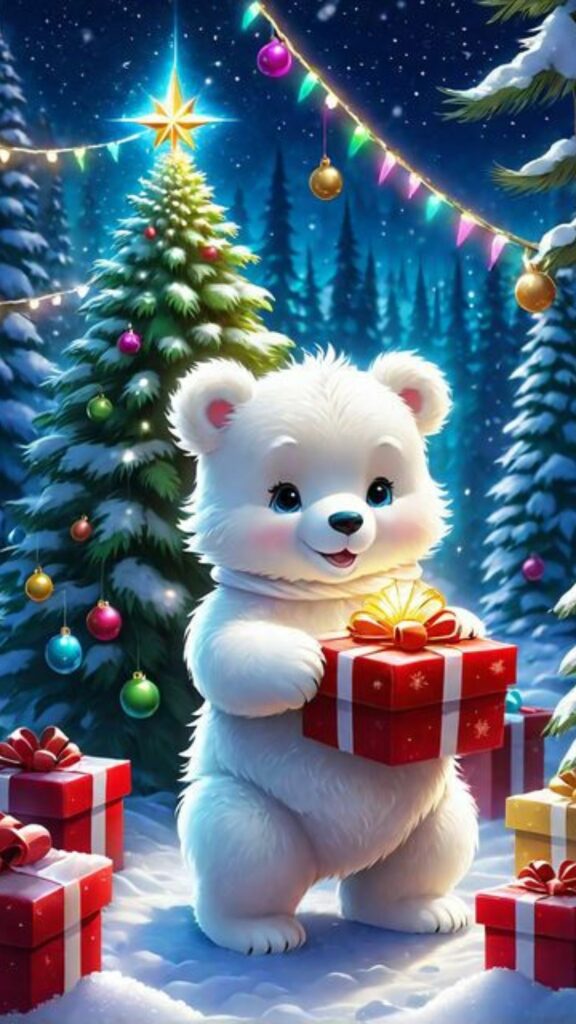 Hình nền gấu trắng cùng hộp quà dưới cây thông