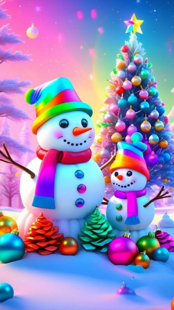 Hình nền người tuyết và cây thông đầy màu sắc