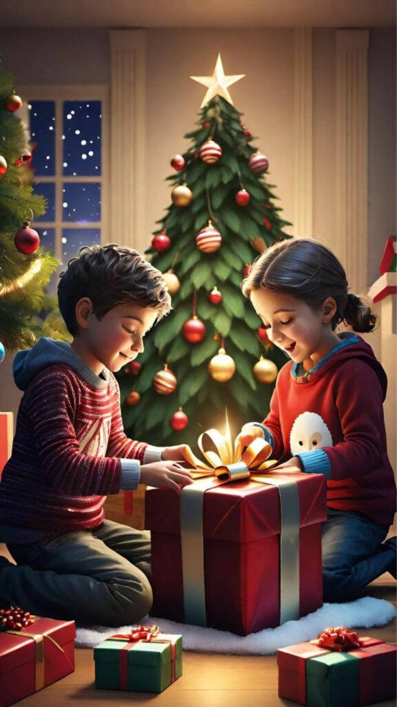 Hình nền hai bé bên cây thông và quà Noel 