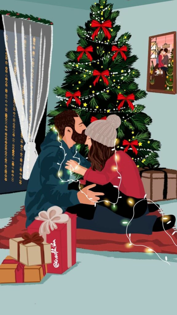Hình nền bạn nữ bên cây thông và hộp quà 