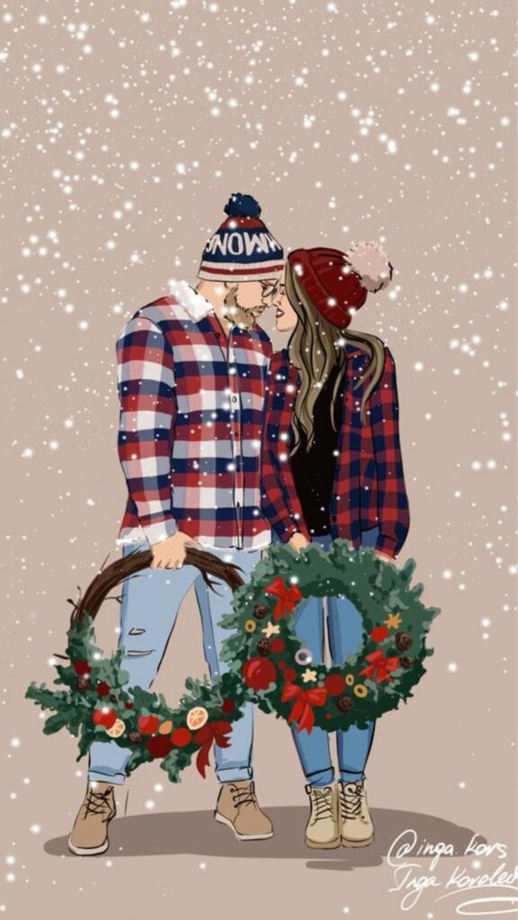 Hình nền đôi vợ chồng và vòng nguyệt quế Noel