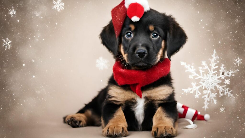 Chó con đeo khăn đỏ và nơ Noel giữa nền tuyết, cây kẹo và bông tuyết