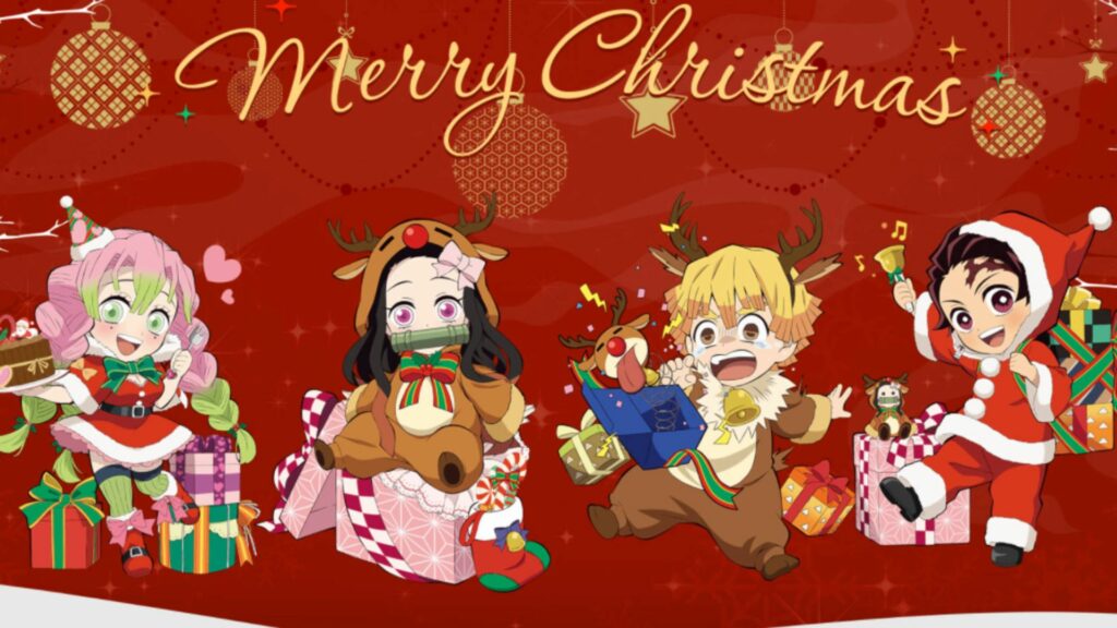 Hình vẽ vui nhộn thiếu nhi và ông già Noel trên nền đỏ với dòng chữ Merry Christmas