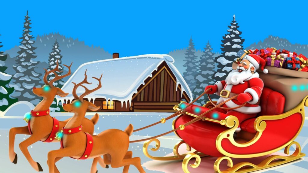 Tranh vẽ ông già Noel lái xe tuần lộc chở quà đi qua ngôi nhà phủ tuyết