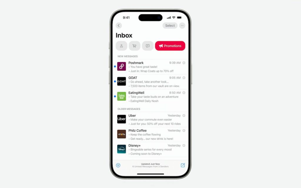 iOS 18.2 ra mắt: Tổng hợp những tính năng mới và thay đổi 3 Ứng dụng Mail được phân loại thư chi tiết