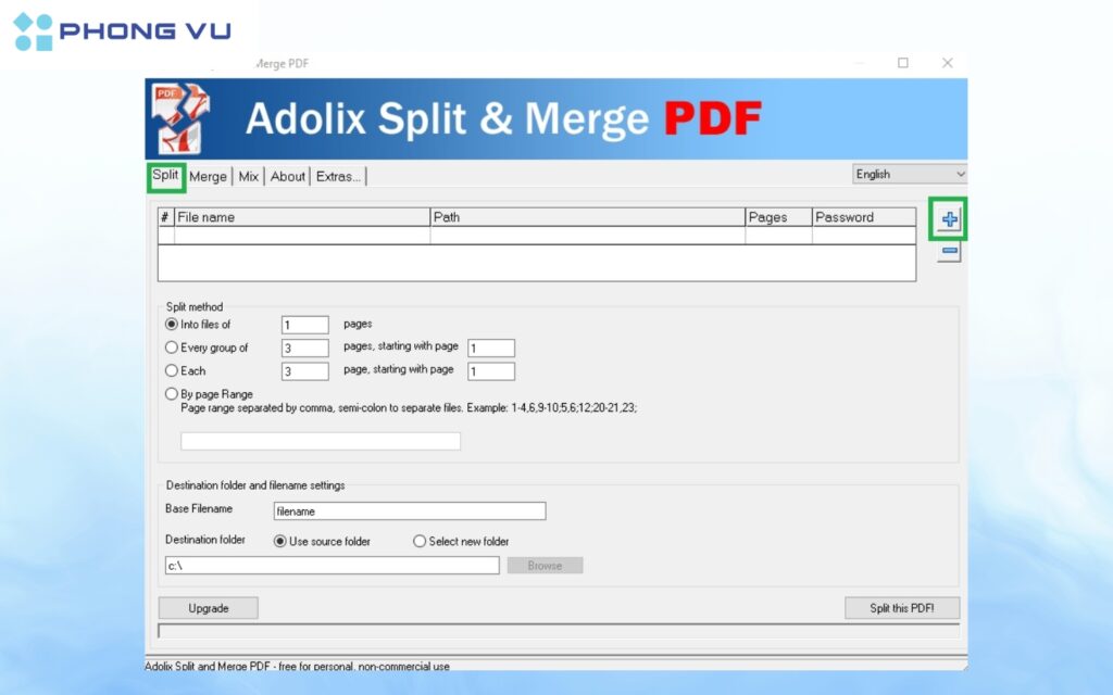 Nhấn vào nút Add File để thêm file PDF cần tách.