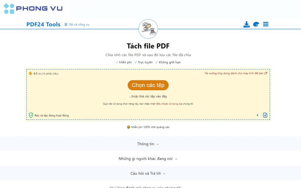 Nhấn chọn các tệp để tải lên file cần tách.