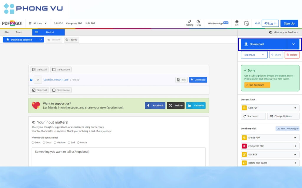 Tải xuống để hoàn tất tách file PDF.