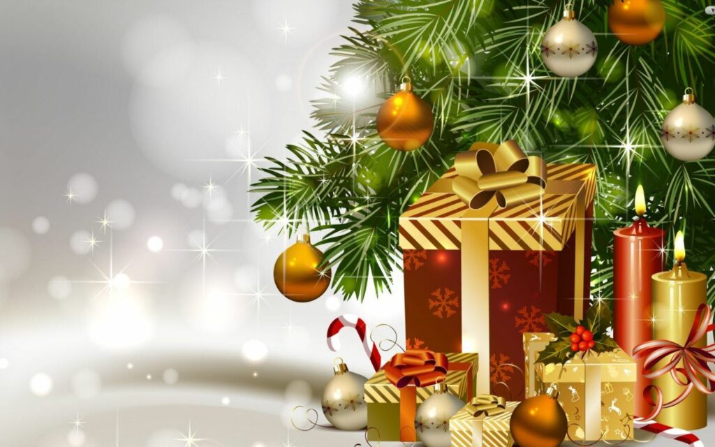 Mẫu thiệp cây thông Noel với các hộp quà 