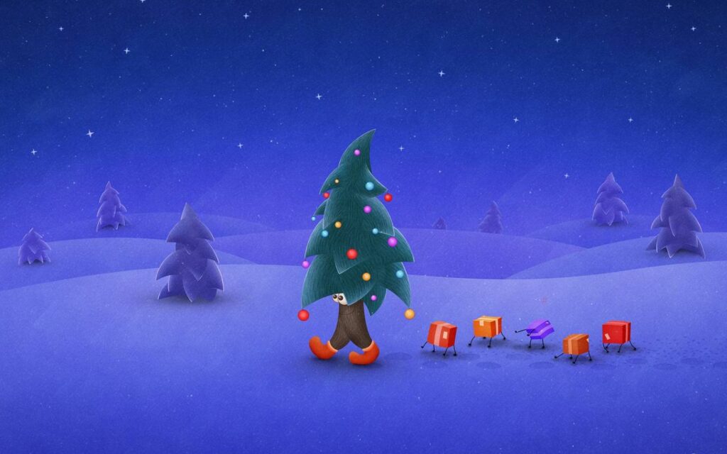 Mẫu thiệp Giáng sinh hộp quà Noel, người tuyết, cây thông