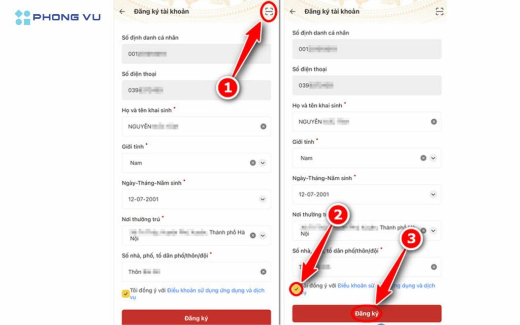 Điền thông tin đăng ký tài khoản theo hướng dẫn