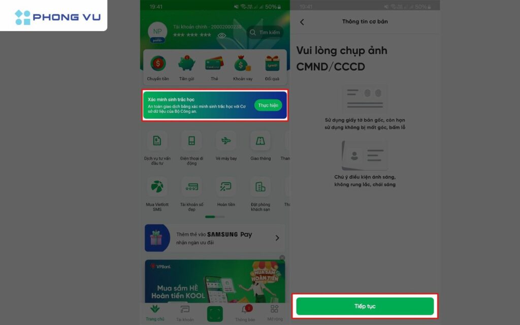 Mở ứng dụng ngân hàng và tìm phần xác thực sinh trắc học