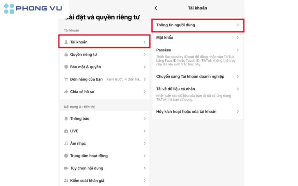 Chọn mục Tài khoản.
