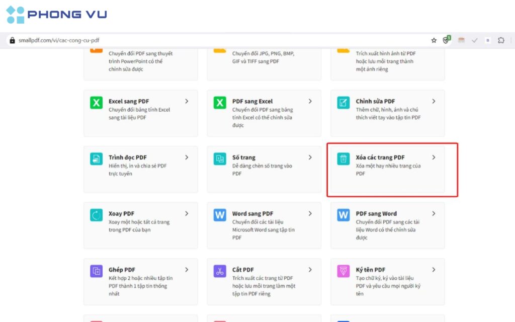 Chọn mục "Xóa các trang PDF".