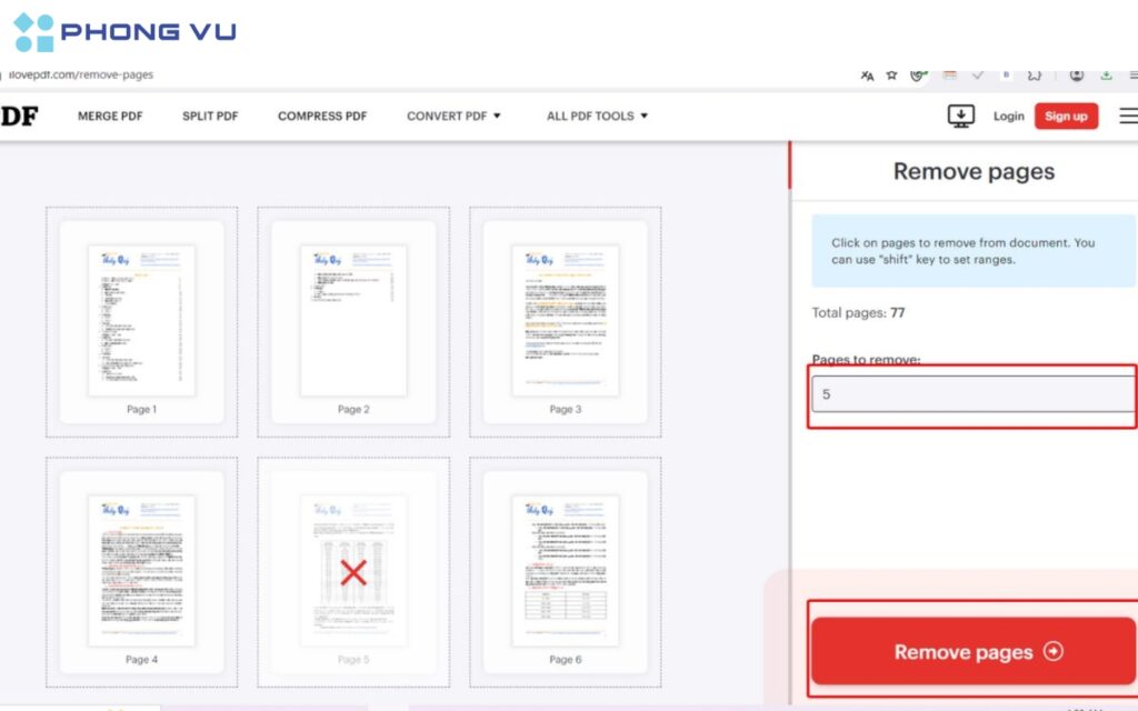 Nhấn nút "Remove pages" để xóa trang.