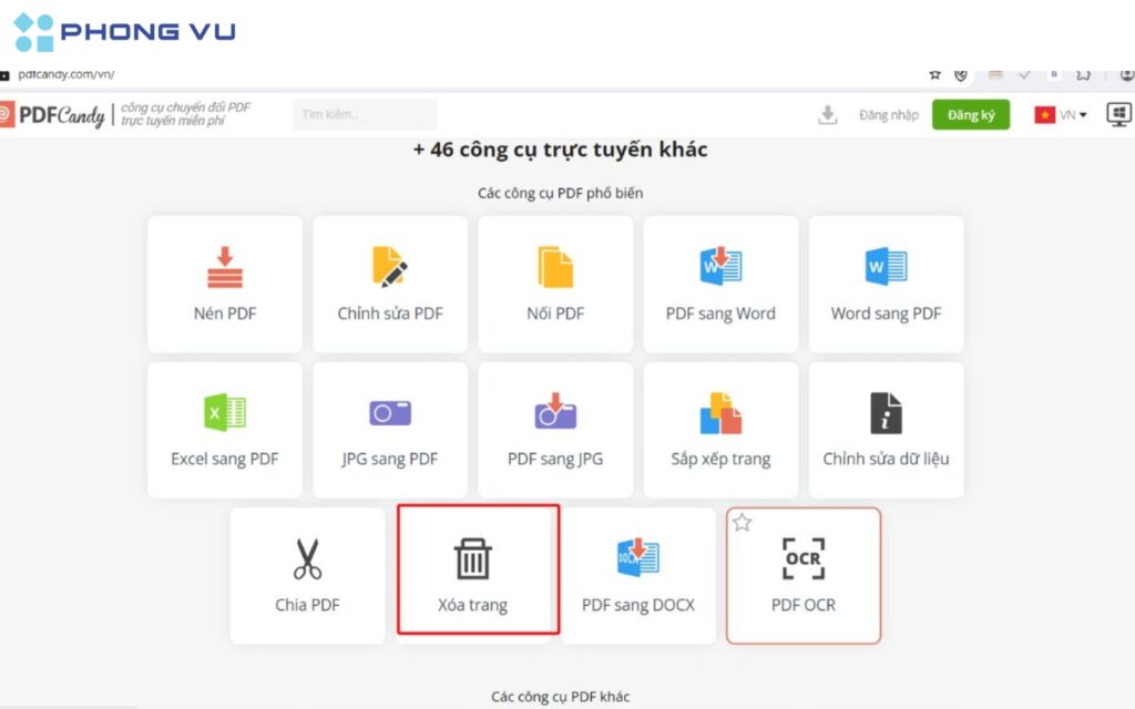 Chọn mục "Xóa trang" từ danh sách công cụ.