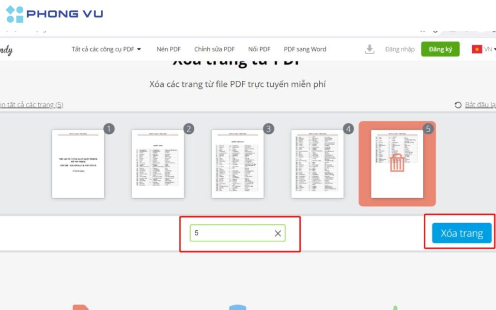 Nhập số trang cần xóa.