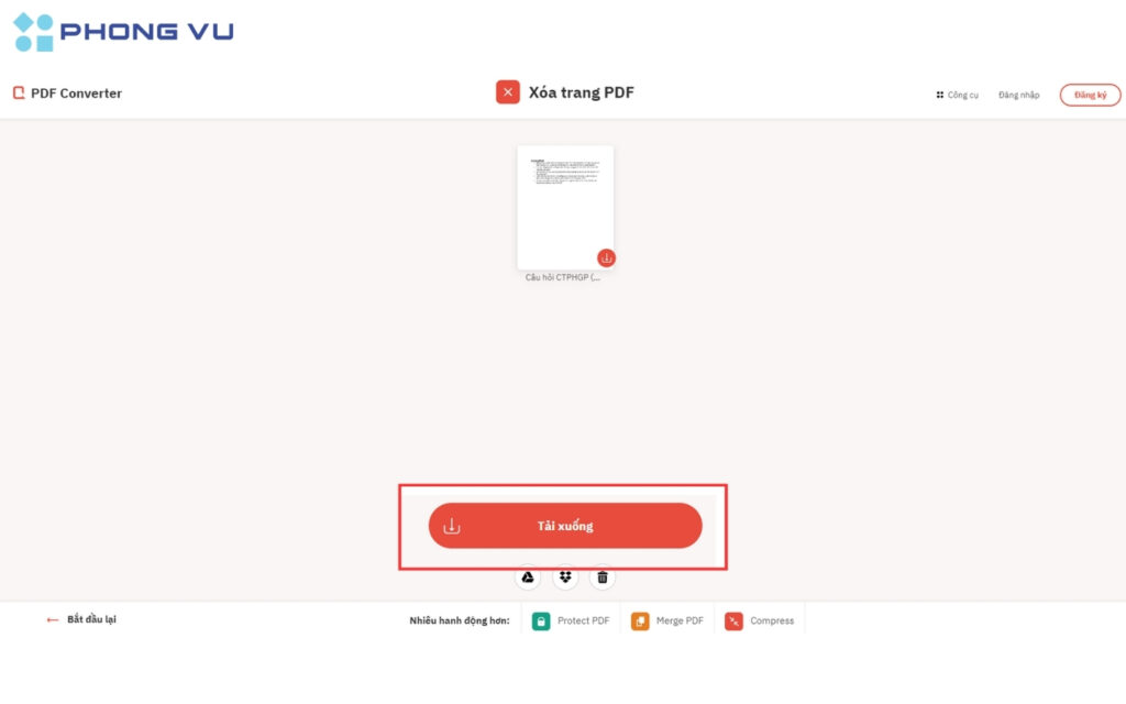 Nhấn "Tải xuống" để tải tệp đã xóa trang PDF xuống.