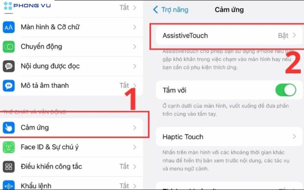 Chọn vào cài đặt > chọn trợ năng > chọn cảm ứng > chọn AssistiveTouch