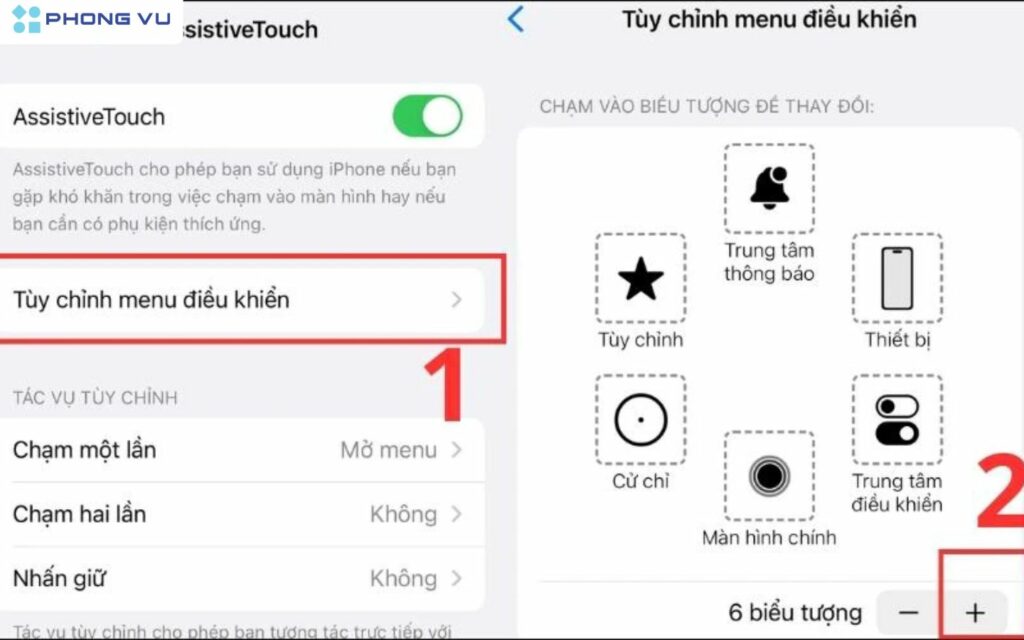 Chọn Tùy chỉnh menu điều khiển > Chọn biểu tượng +